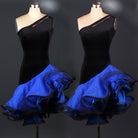 Black one shoulder latin dance dress with blue curled organza ruffle skirt