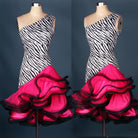 Zebra print one shoulder latin dance dress with rose red curled organza ruffle skirt