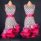 Polka dot latin dance dress with rose satin belt and matching curled ruffle skirt