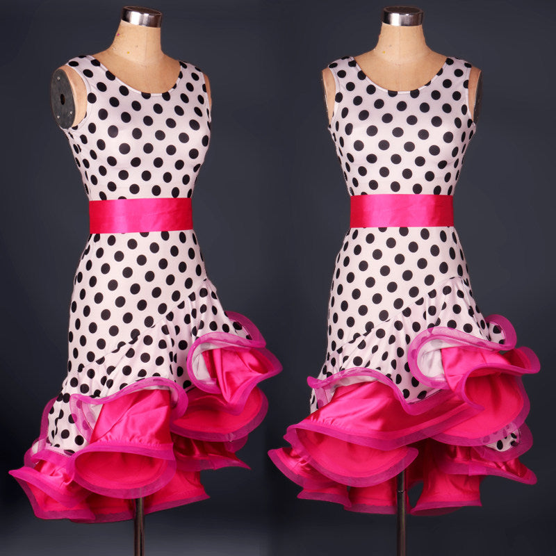 Polka dot latin dance dress with rose satin belt and matching curled ruffle skirt