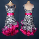 Leopard print latin dance dress with rose satin belt and curled organza ruffle skirt