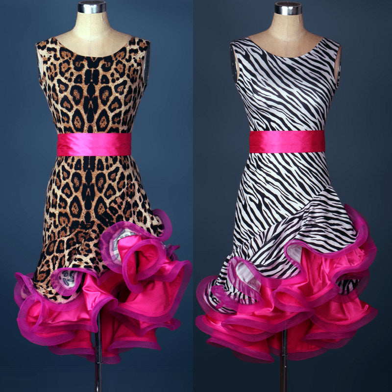 Zebra print latin dance dress with rose satin belt and curled organza ruffle skirt