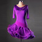 Purple latin dance dress with elbow sleeves, ruched waist and flared ruffle hem