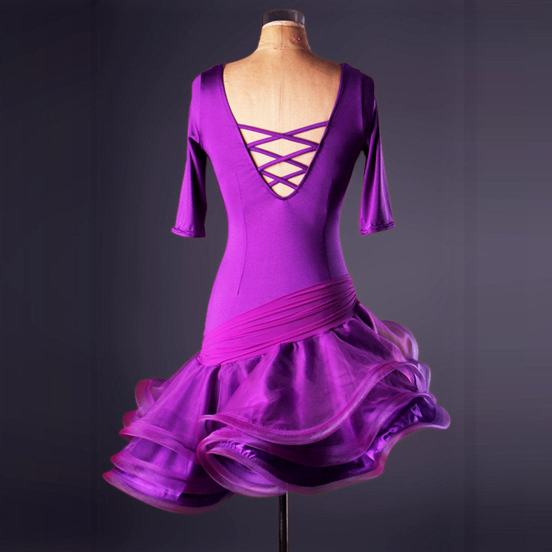 Purple latin dance dress rear view showing the deep open scooped back