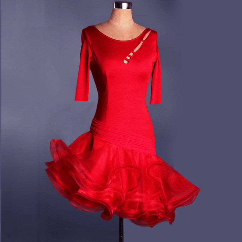 Red latin dance dress with elbow sleeves, ruched waist and flared ruffle hem