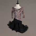 Leopard print latin dance dress with elbow sleeves and flared ruffle hem