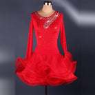 Red rhinestone latin dance dress with long sleeves, keyhole neckline and red organza ruffle skirt
