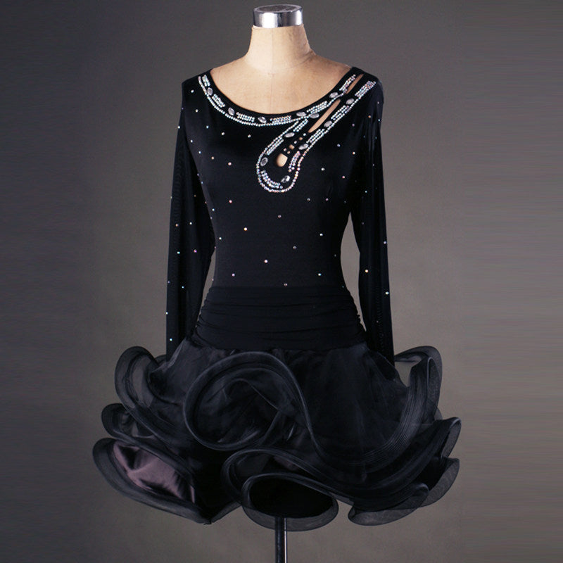 Black rhinestone latin dance dress with long sleeves and black organza ruffle skirt
