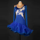 Blue latin dance dress rear view with cold shoulder sleeves and organza ruffle hem