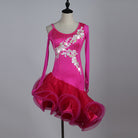 Rose red latin dance dress with white floral appliques and cold shoulder mesh sleeves