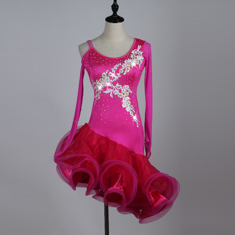Rose red latin dance dress with white floral appliques and cold shoulder mesh sleeves