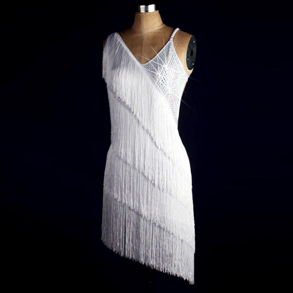 White tiered fringe latin dance dress with stoned V neckline and diagonal tassel rows