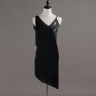 Black tiered fringe latin dance dress with sequin bodice and diagonal tassel rows