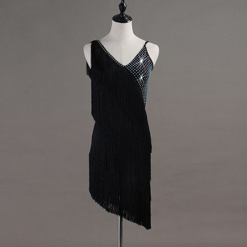 Black tiered fringe latin dance dress with sequin bodice and diagonal tassel rows