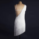 White tiered fringe latin dance dress rear view showing the open back and single strap
