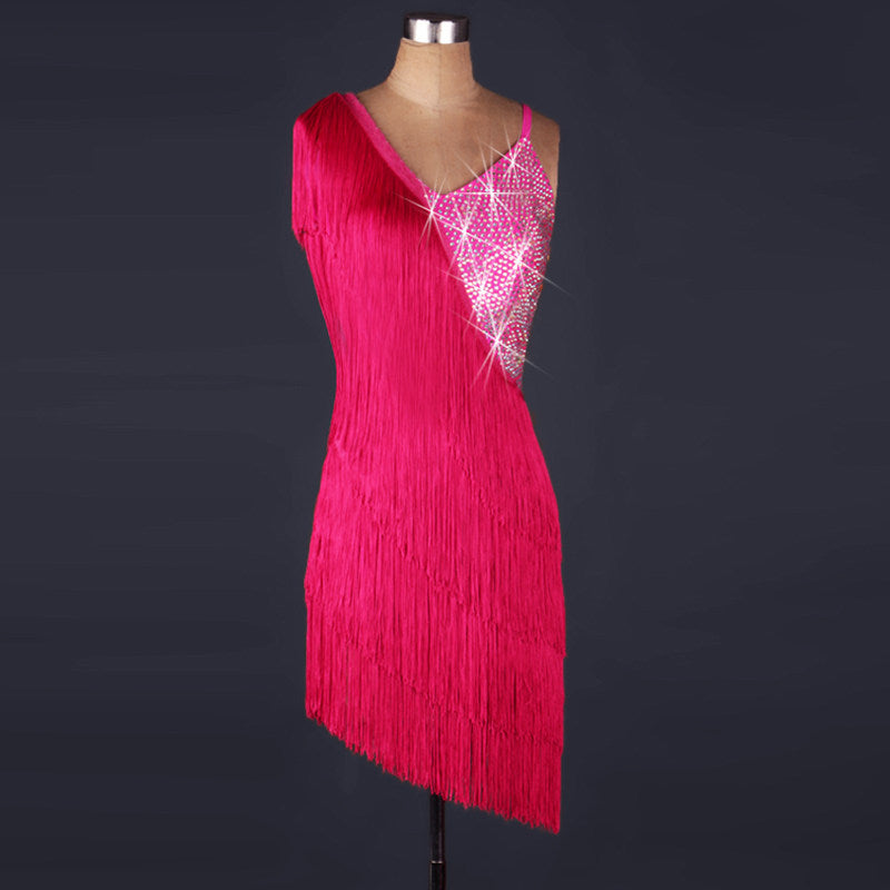Rose red tiered fringe latin dance dress with stoned V neckline
