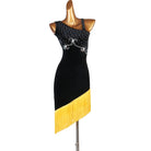 Black latin dance dress with rhinestone scroll bodice and yellow diagonal fringe hem