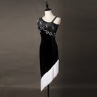 Black latin dance dress with rhinestone scroll bodice and white diagonal fringe hem