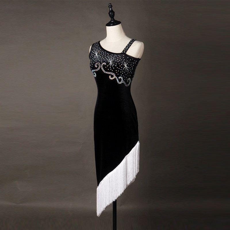 Black latin dance dress with rhinestone scroll bodice and white diagonal fringe hem