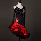 Black and red latin dance dress front view showing the single long rhinestone sleeve
