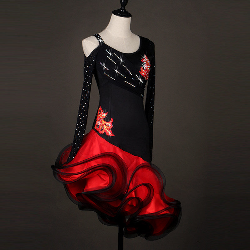 Black and red latin dance dress front view showing the single long rhinestone sleeve