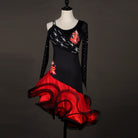 Black and red latin dance dress angled view with the red curled organza layers