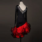 Black and red latin dance dress back view showing the bare shoulder and stoned straps