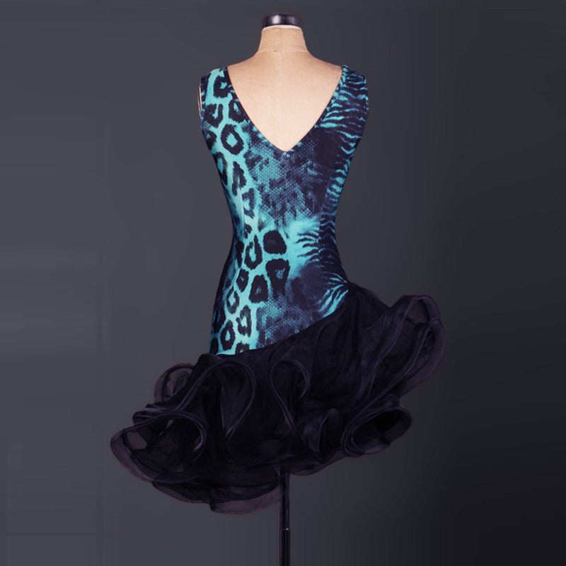 Teal animal print latin dance dress rear view showing the V back