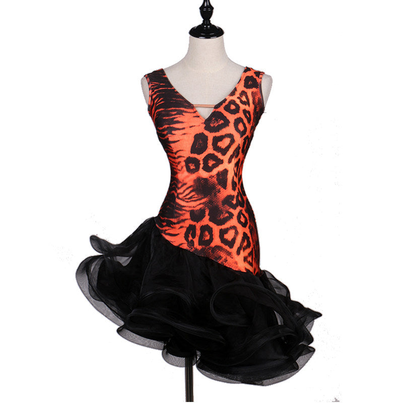 Orange leopard print latin dance dress with black organza ruffle skirt