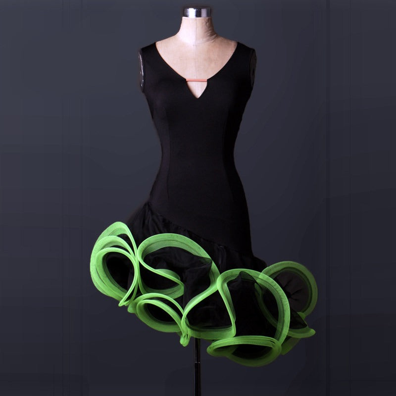 Black latin dance dress with green curled organza ruffle skirt