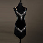 Black velvet latin dance dress with rhinestone V bodice and black tassel fringe skirt