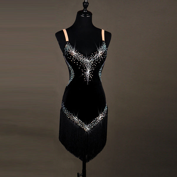 Black velvet latin dance dress with rhinestone V bodice and black tassel fringe skirt