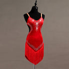 Red velvet latin dance dress with rhinestone V bodice and red fringe skirt