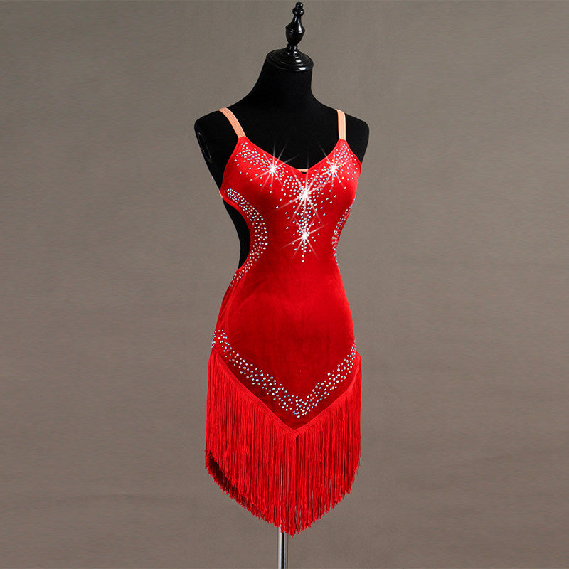 Red velvet latin dance dress with rhinestone V bodice and red fringe skirt