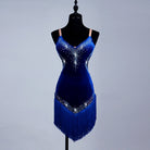 Blue velvet latin dance dress with rhinestone V bodice and blue fringe skirt