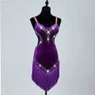 Purple velvet latin dance dress with rhinestone V bodice and purple fringe skirt