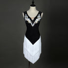 Black latin dance dress with white floral appliques and white tassel fringe skirt