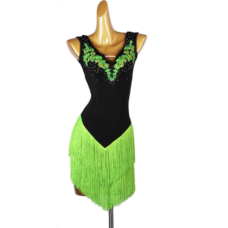 Black latin dance dress with green appliques and green tassel fringe skirt