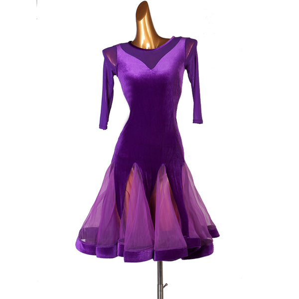 Purple latin dance dress with sheer mesh yoke, half sleeves and flared skirt