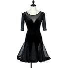 Black latin dance dress with sheer mesh yoke and half sleeves