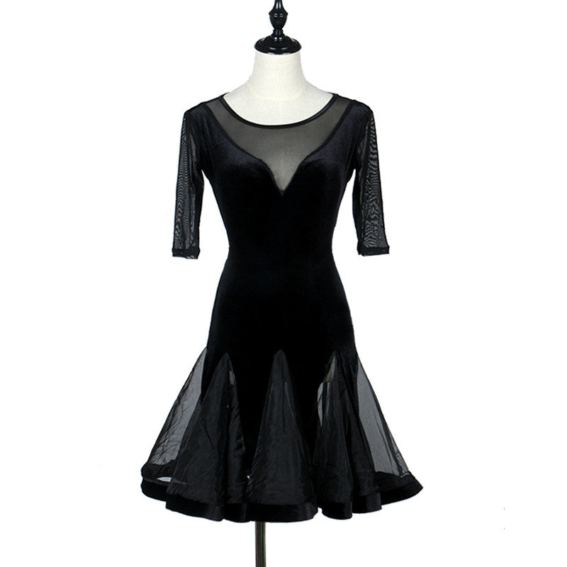 Black latin dance dress with sheer mesh yoke and half sleeves