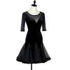 Black latin dance dress front view with the flared ruffle hem