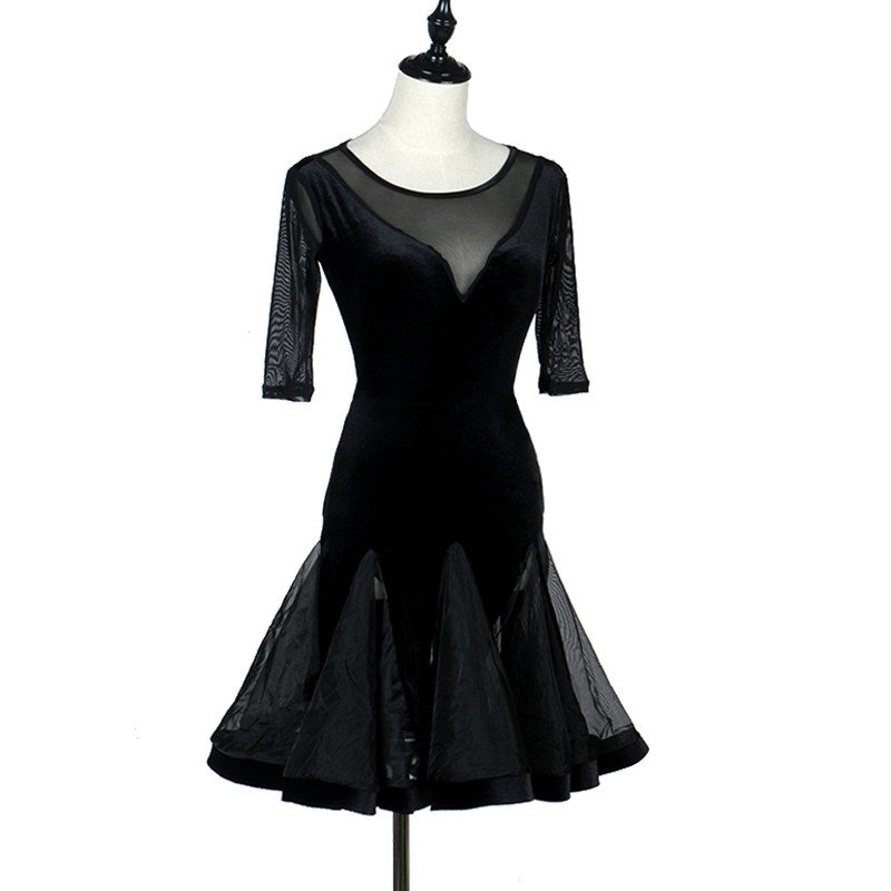 Black latin dance dress front view with the flared ruffle hem