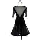 Black latin dance dress rear view showing the deep mesh V back