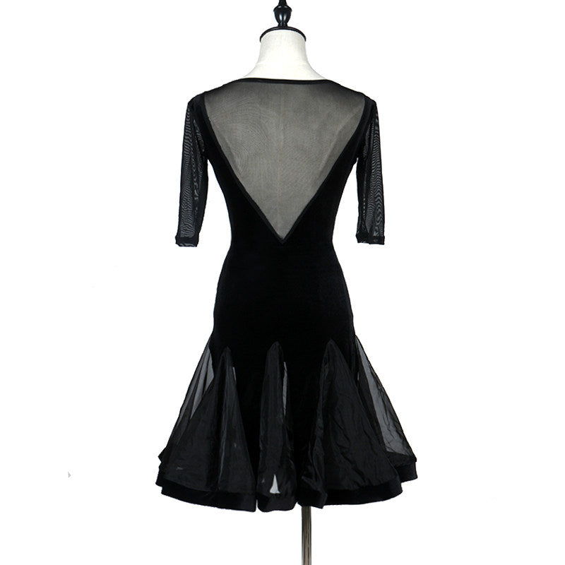 Black latin dance dress rear view showing the deep mesh V back