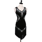 Black latin dance dress with rhinestone spray bodice, sheer mesh waist and fringe hem