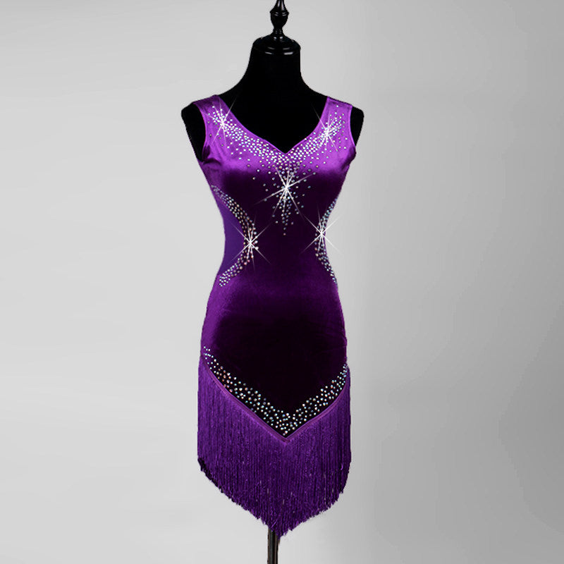 Purple velvet latin dance dress with rhinestone spray and sheer waist panel