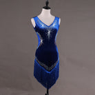 Blue latin dance dress with rhinestone spray bodice and fringe hem