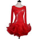 Red long sleeve latin dance dress with curved rhinestone spray and red organza ruffle skirt