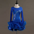 Blue long sleeve latin dance dress with rhinestone spray and blue organza ruffle skirt
